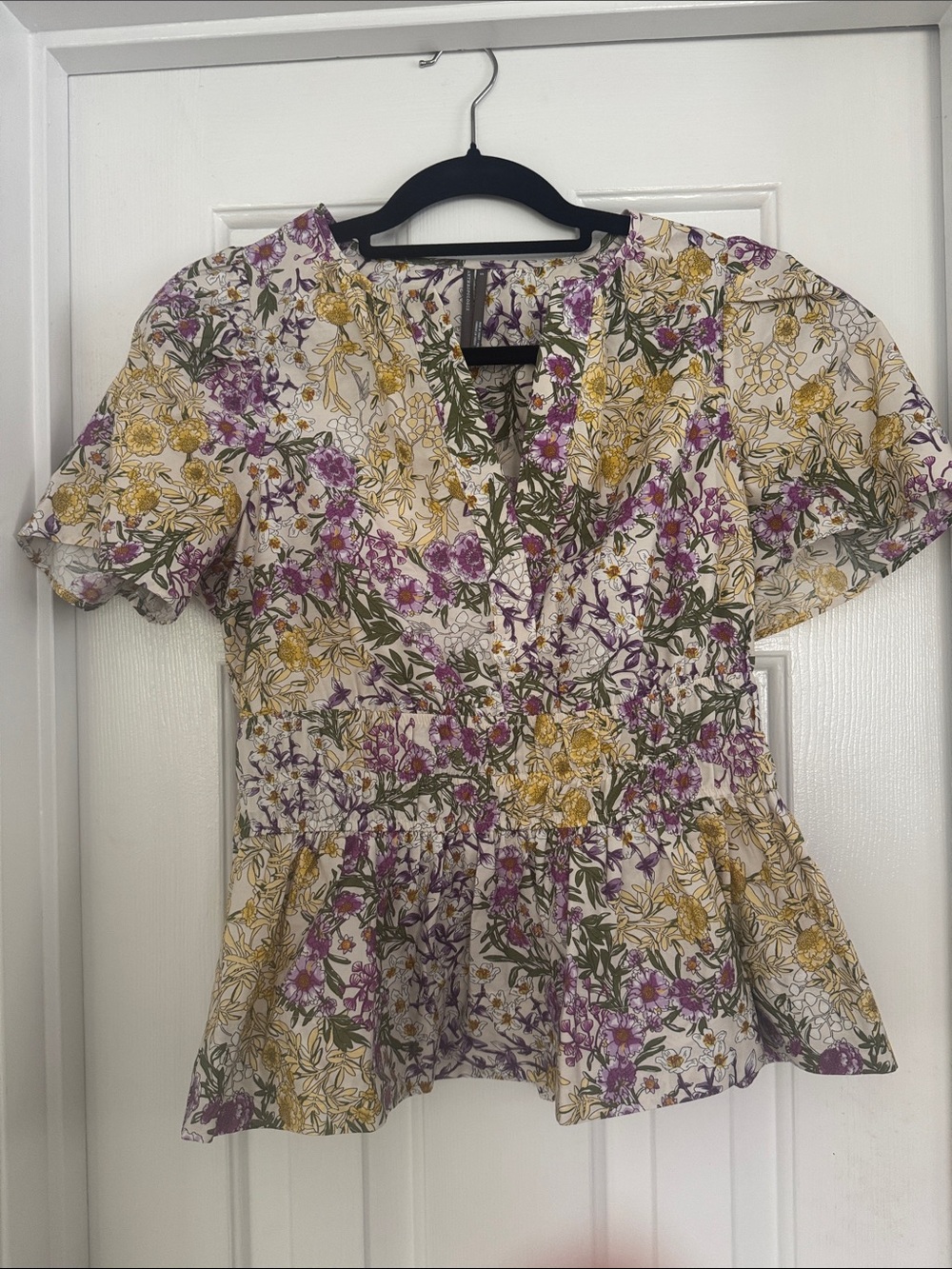 Anthro Somerset Peplum Top - White with Purple & Yellow Floral